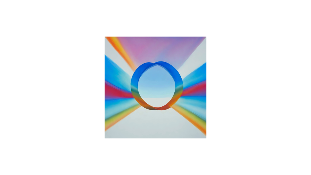 A graphic design featuring a circle shape in the center with streams of multiple colors flowing in, through, and out of the sphere.