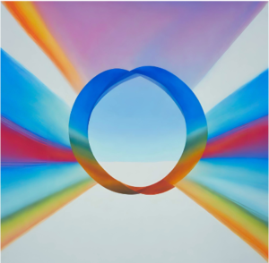 A graphic design featuring a circle shape in the center with streams of multiple colors flowing in, through, and out of the sphere.