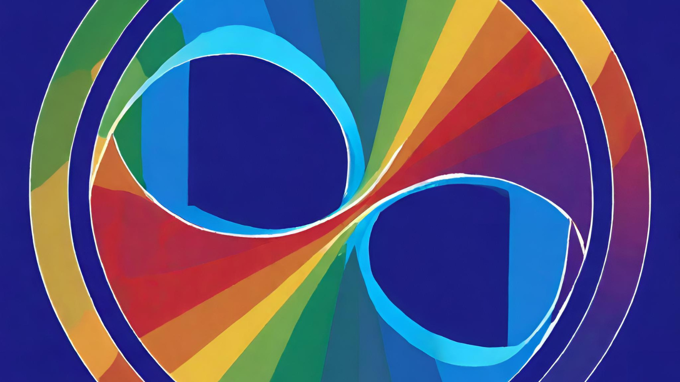 An interpretive graphic of the communication exchange using blue background and expansion of rainbow primary colors. Intersecting and overlapping circles represent the flow of information, feeling, and other cues.