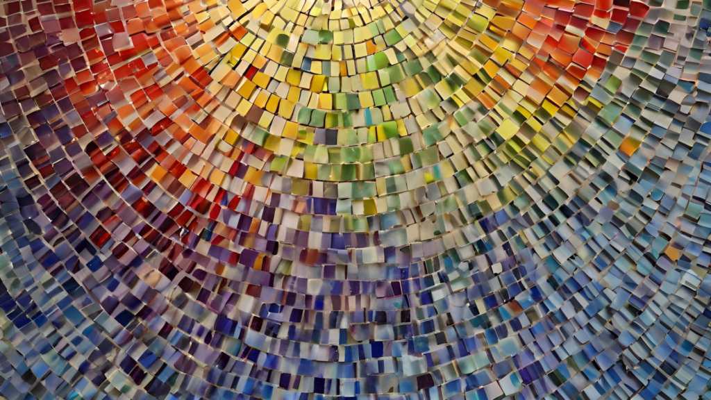 Mosaic tile, expansive and rich in primary colors, shimmering with the bright light unlocking its center