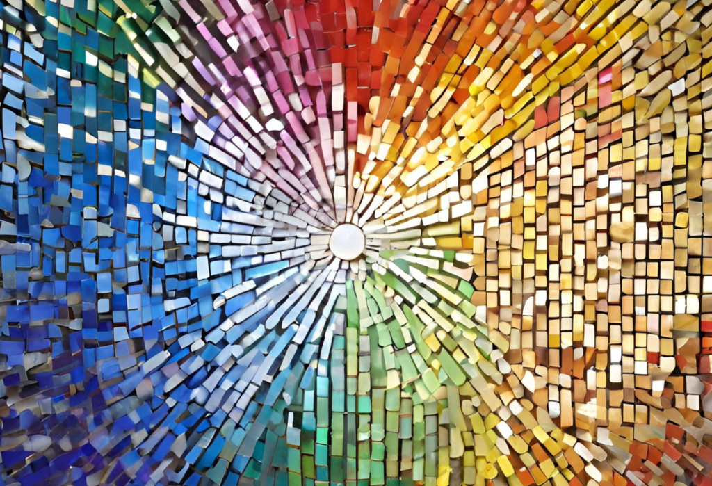 Mosaic of color tiles, moving out and away from a center circle of bright white light.