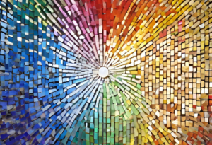 Mosaic of color tiles, moving out and away from a center circle of bright white light.