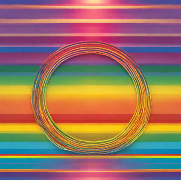 Concentric circles flowing with and through a spectrum of rainbow hues.