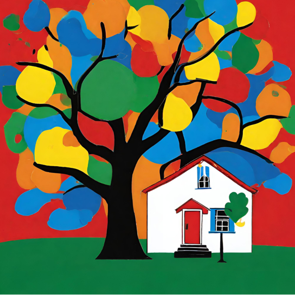 A graphic illustration. An early 20th century schoolhouse rests peacefully under a warm sky and blooming tree of many colors.