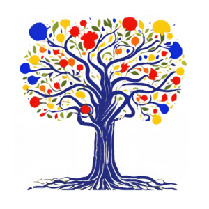 A graphic illustration of a tree, bountiful with colorful blooms, and rooted sturdy and steadfast.