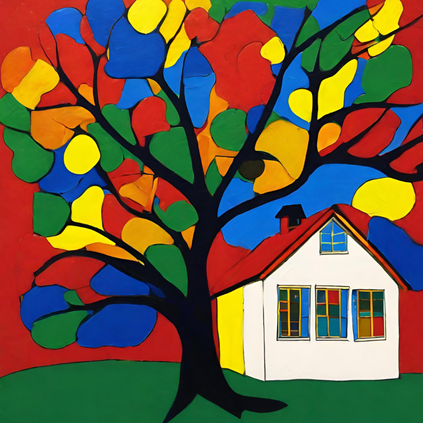 A graphic illustration. An early 20th century schoolhouse rests peacefully under a warm sky and blooming tree of many colors.