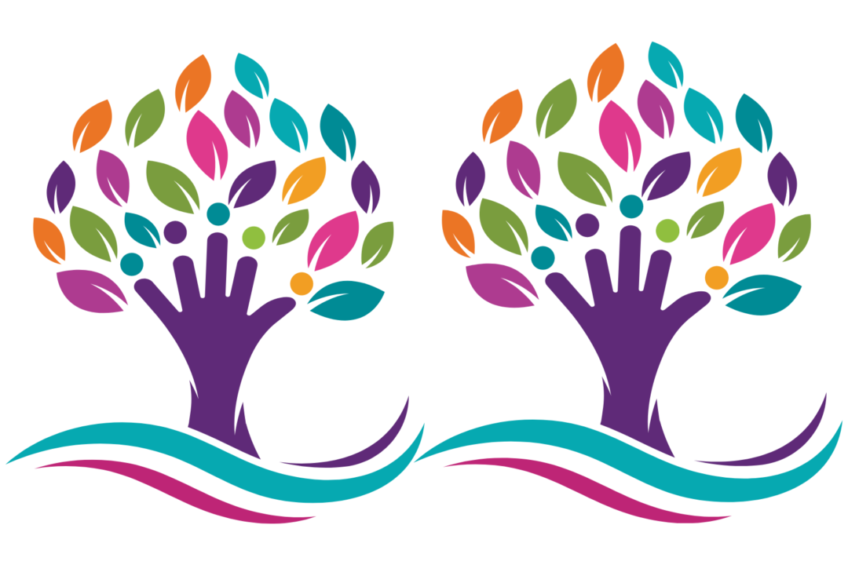 Two graphical abstractions of identical trees, standing side by side, with trunks and branches shaped like an outstretched arms and hands. Colors are warm spring tones, like purple, lavender, turquoise, gold, and mauve.