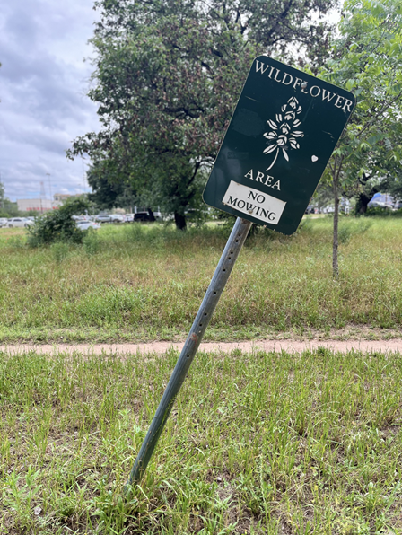 Photograph taken along Town Lake Trail in Austin, Texas. Sign reads: Wildflower Area. No mowing.