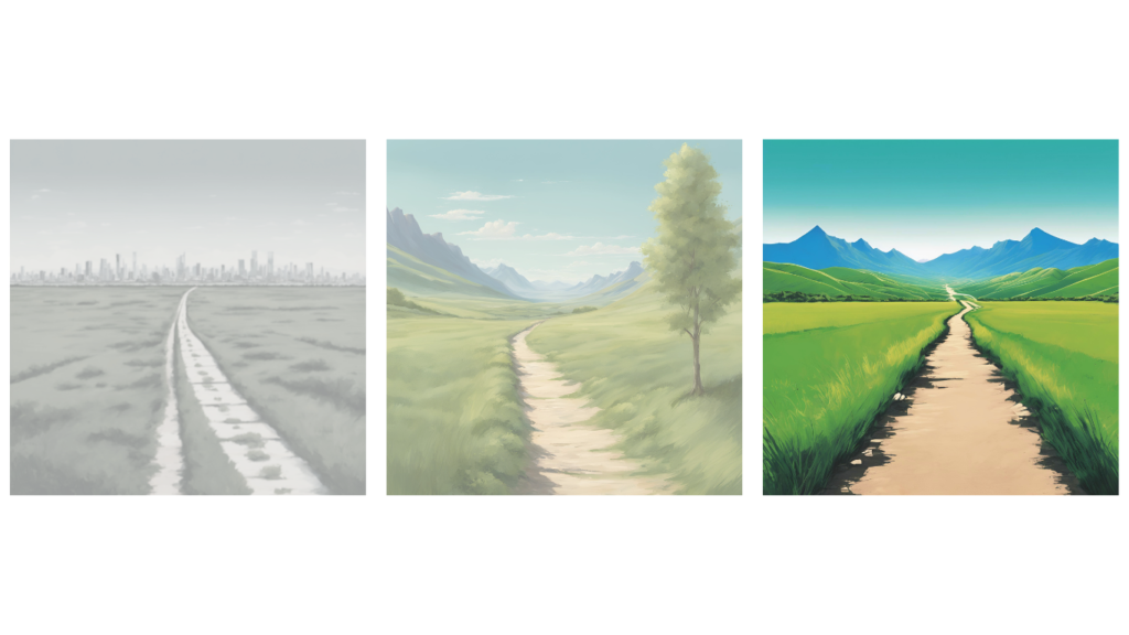 Three square images, each featuring a landscape and a narrow path. Moving left to right, the first is black-and-white, drained of color and vitality with a city skyline in the distance, the second is pale greens and blues, indicating a peaceful path leading to mountains, the third is verdant green and bright blue sky, with a narrow but distinct path leading upward.