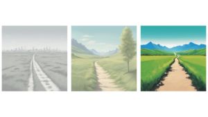 Three square images, each featuring a landscape and a narrow path. Moving left to right, the first is black-and-white, drained of color and vitality with a city skyline in the distance, the second is pale greens and blues, indicating a peaceful path leading to mountains, the third is verdant green and bright blue sky, with a narrow but distinct path leading upward.