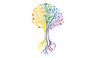 deconstructed graphic image of a tree. depicts the roots forming into a trunk and expanding into branches with flower leaves. roots emerge colorful -- yellows, blues, purples, and greens.