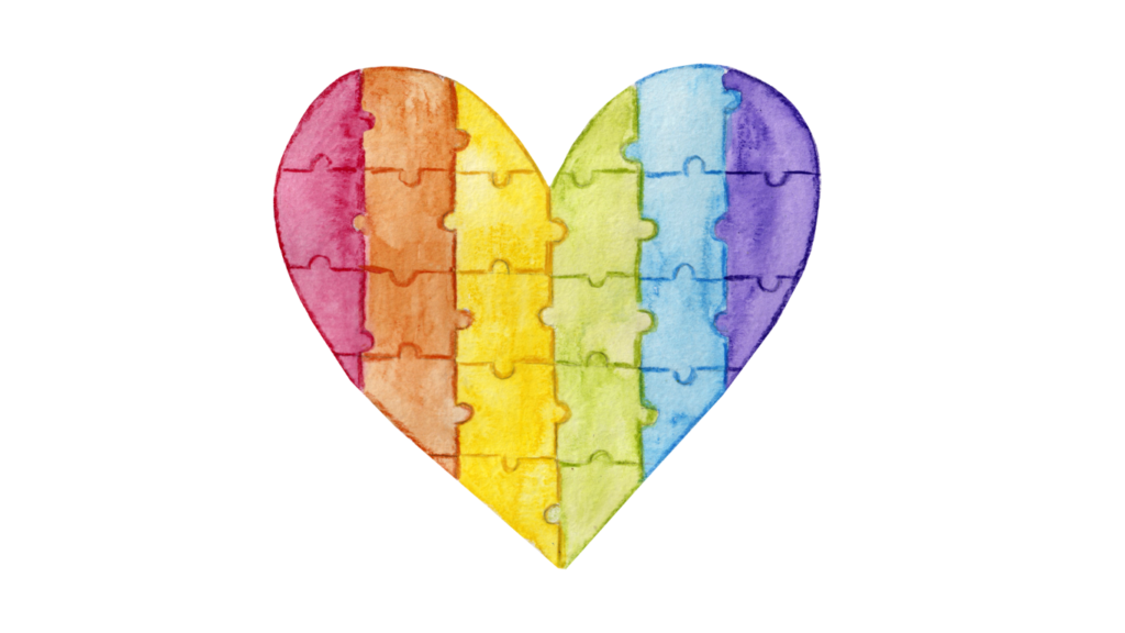 whole heart assembled as puzzle pieces. vertical striped: red, orange, yellow, green, blue, violet