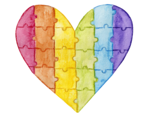 whole heart assembled as puzzle pieces. vertical striped: red, orange, yellow, green, blue, violet