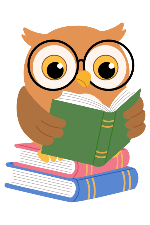 wise owl wearing glasses sit on a stack of books, reading a book.