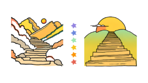 colorful sketch -- warm, sunrise hues -- of stairstep climb at various stages of progress toward the rising sun.