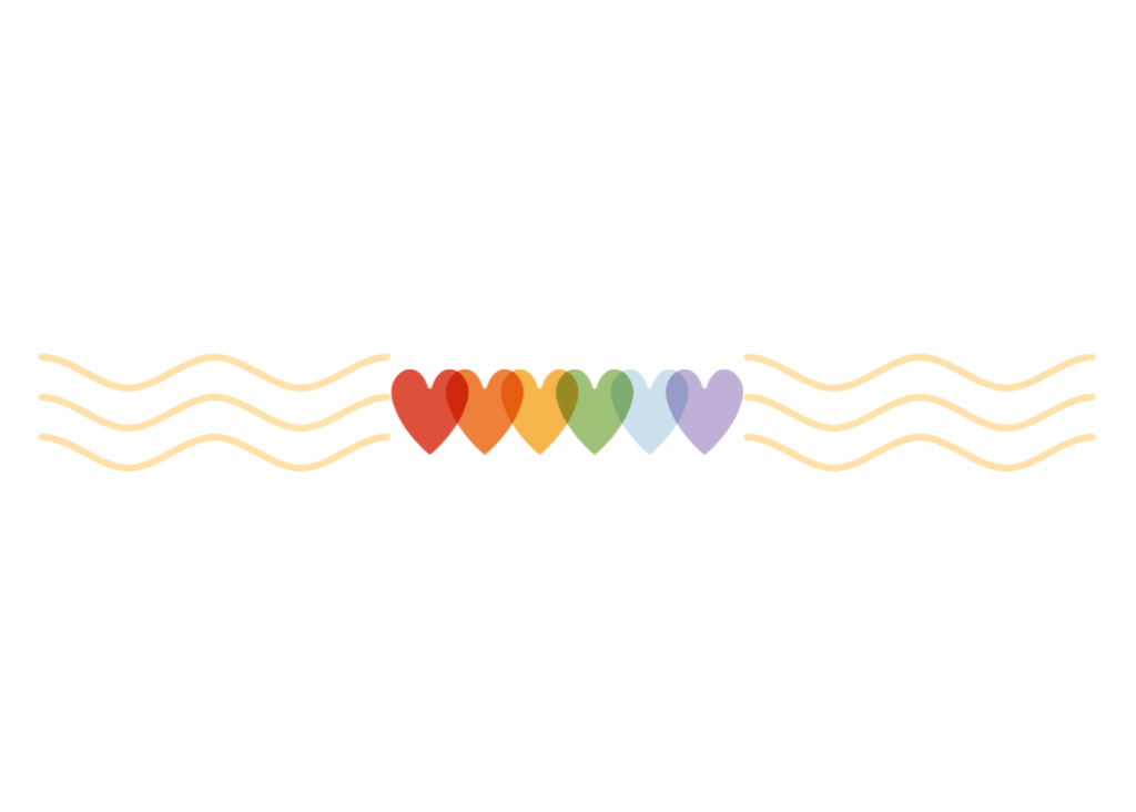 six hearts overlapping, rainbow colors. three golden waves extending from right and left.