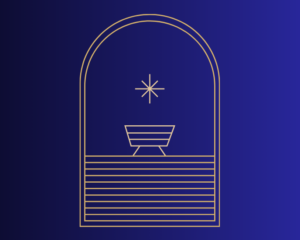 geometric lines, patterned into cradle with Christmas Star above. Midnight blue background