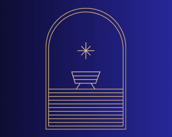 geometric lines, patterned into cradle with Christmas Star above. Midnight blue background