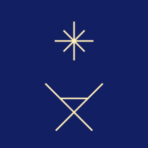 geometric manger scene. minimal. crib with Christmas star overhead. blue background.