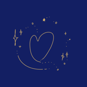 blue background and gold hand drawing -- shape of a heart encircled loosely by stars and cross