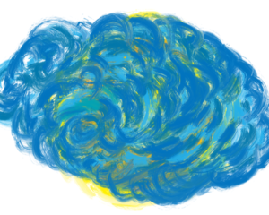 blue cloud illustration with yellow sun poking through from behind