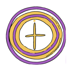 purple and gold concentric circles. Gold Cross in the middle