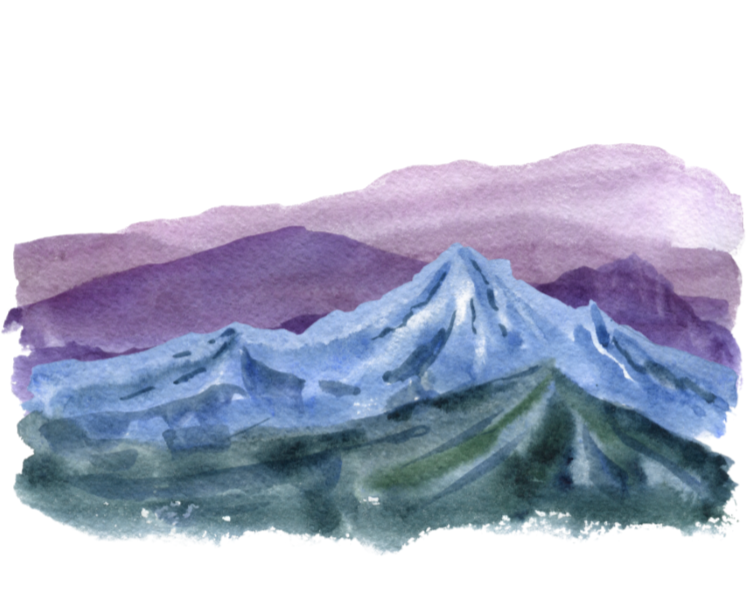 mountain watercolor landscape (purples, blues, greens)