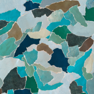 patchwork fabric pieces or paint textures. Colors of greens, blues, white, beige