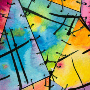 bleeding watercolors, blues, purple, pinks, orange, green, on scrap sheets on paper held together with black stitching