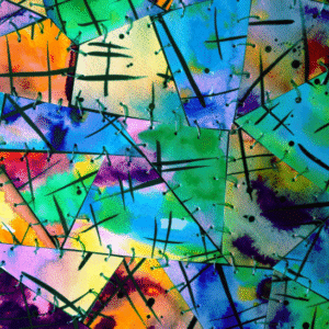 bright watercolors, angular fabric patches stitched and held together