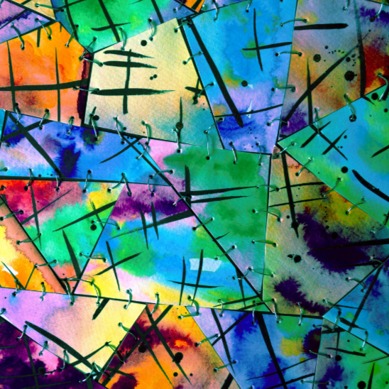 bright watercolors, angular fabric patches stitched and held together