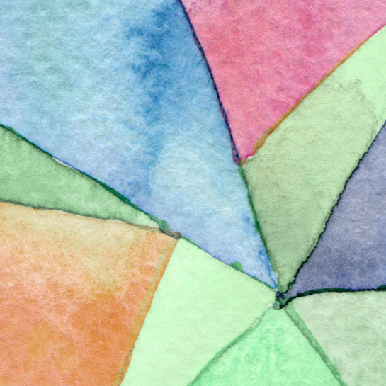watercolors of blue, green, orange. odd sized stripes of paper fitted together like a puzzle