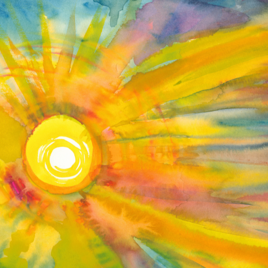 abstract. bright golden circle, rays expanding out to fade as watercolor cues of green and purple