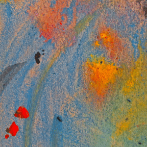 abstract coloring -- mostly blue, with splotches of orange, red and black
