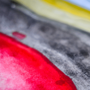 watercolors blurry and in focus. red, black, golden yellow, blue spectrum
