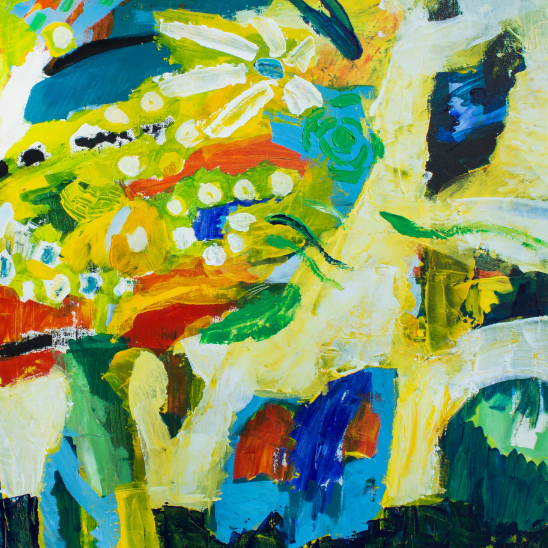 abstract paint canvas like; bold greens, blues, reds