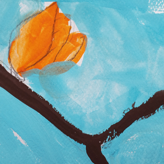 curved tree branch with orange color flower on light blue painted background